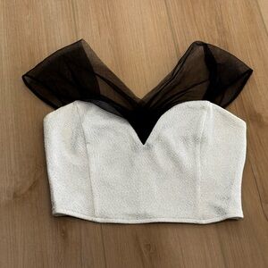 Double Crazy White Glitter Crop Top w/ Black Sheer Bow Sleeves Sz small